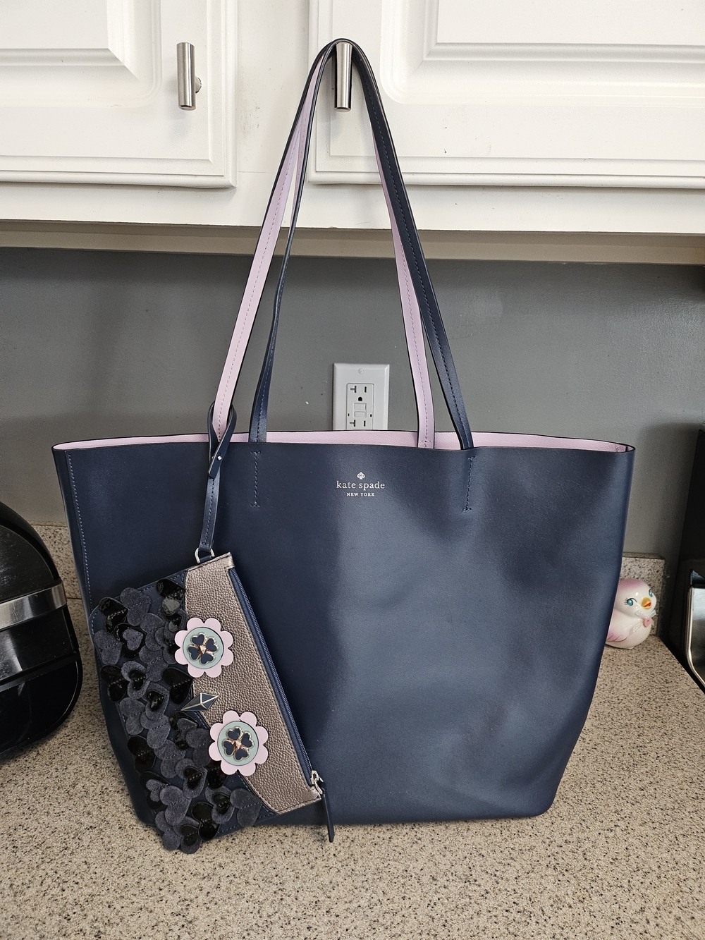 kate spade New York Navy & Pink Leather Tote with Floral Wristlet